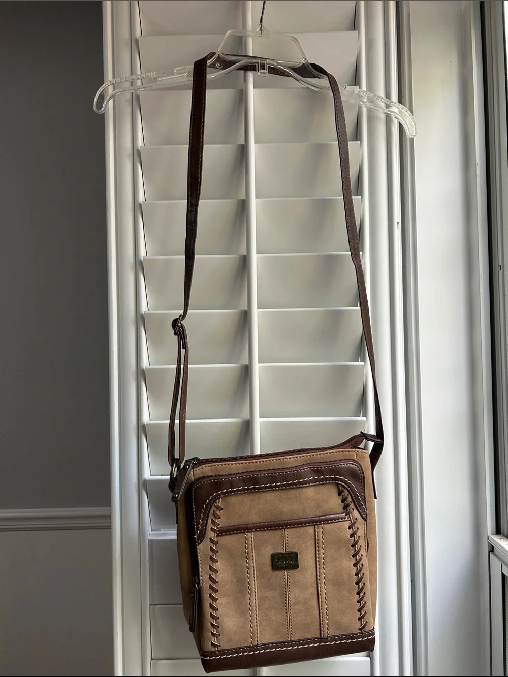 BOC Two-Tone Tan and Brown Whipstitch Crossbody Purse
